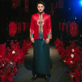 2022 Китайский Традиционный Мужской Красный Чонсам с вышивкой Пайетками, Элегантное Восточное Свадебное платье Жениха, костюмы эпохи Тан, Одежда