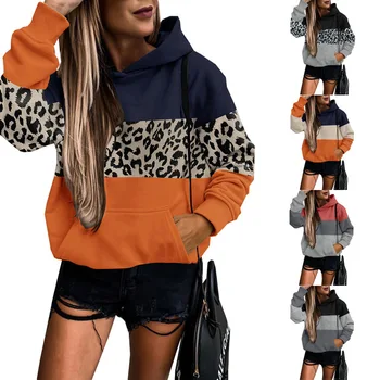 2023 Женский Новый повседневный свитер с леопардовой нашивкой с капюшоном, универсальный контрастный свитер на осень и зиму, Женские повседневные топы, женские