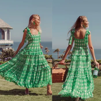 2023 Новое европейское и американское женское платье с высокой талией, Зеленое Темпераментное длинное платье для пригородных поездок, шифоновое платье с подвесками