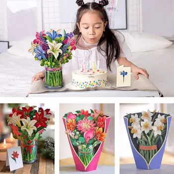 3D всплывающий букет Вечных роз/Лилий/Подсолнухов/Тюльпанов, бумажные цветы, тропический цветок для поздравительной открытки на День рождения, годовщину свадьбы