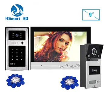 9-дюймовый видеодомофон Домофон Дверной звонок с RFID HD IR LED Наружной водонепроницаемой камерой, система видеодомофона с индуктивной картой