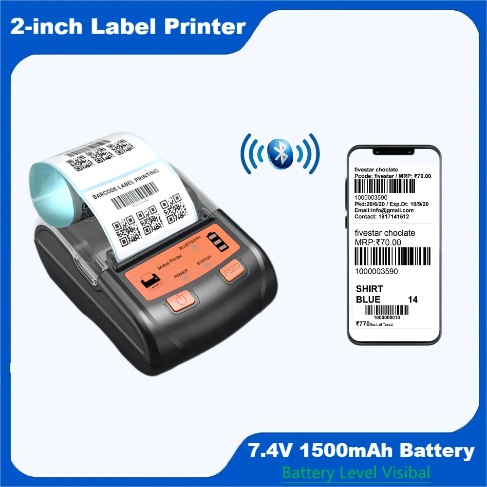 90 мм /сек. 58 мм Принтер наклеек Мобильный 2-дюймовый Bluetooth + USB термопринтер этикеток Диаметром рулона 50 мм Портативный мини-принтер этикеток - 0