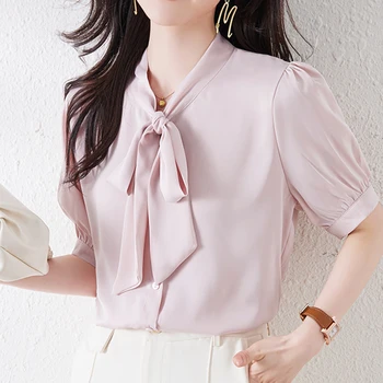 Blusa Mujer Moda 2023 Летняя Элегантная Шифоновая Блузка с Бантом, Женская Розовая Рубашка с коротким рукавом И V-образным вырезом, Женские Топы, Корейская Женская Одежда