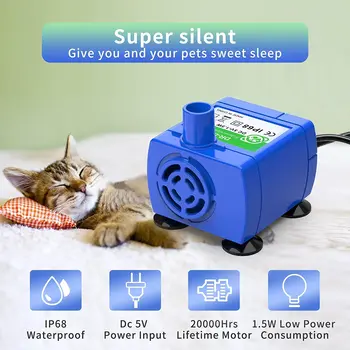 Bonve Сменный Насос для домашних животных для Фонтана для кошек объемом 84 унции/2.5 Л, Бесшумный Насос для Фонтана с длительным сроком службы с 6-футовым USB-кабелем, светодиодный