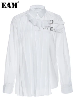 [EAM] Женская Асимметричная плиссированная белая блузка, Новая свободная рубашка со стоячим воротником и длинным рукавом, Мода Tide Весна-осень 2023 1DD4109