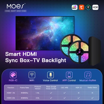 MOES Wifi Smart Ambient Lighting TV Backlight HDMI 2.0 Коробка синхронизации устройств Комплект светодиодных ламп Alexa Voice Google Assistant Control