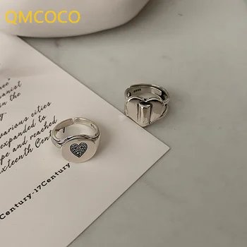 QMCOCO Серебряное кольцо в форме сердца для женщин, простые модные ретро романтические украшения ручной работы, подарки для пары на День рождения