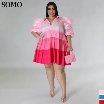 SOMO 2023 Модное плиссированное атласное платье плюс Размер, женские элегантные летние платья с отворотом и пуговицами в стиле пэчворк 4XL Оптом, прямая поставка