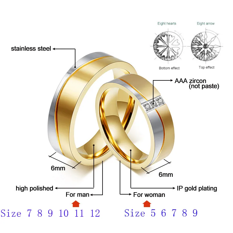 Vnox 1 пара Обручальных колец для пары Золотого цвета из нержавеющей Стали CZ Женские и мужские ювелирные изделия - 1