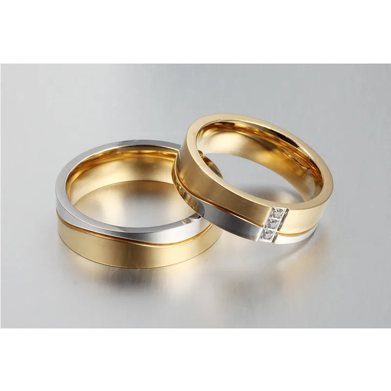 Vnox 1 пара Обручальных колец для пары Золотого цвета из нержавеющей Стали CZ Женские и мужские ювелирные изделия - 3