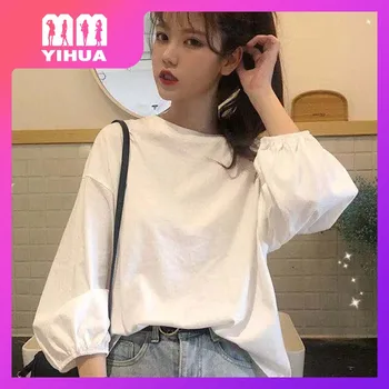 * Yihua * Новая корейская свободная футболка с рукавами-фонариками в стиле колледжа для женщин