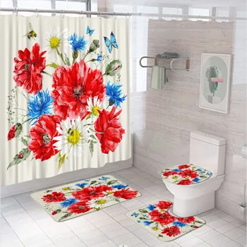 Акварельный цветочный набор для ванной комнаты с занавеской для душа, Ковриком для ванной, крышкой для унитаза, Бабочками, Пчелами, Цветами, Маргаритками, Занавесками для ванны