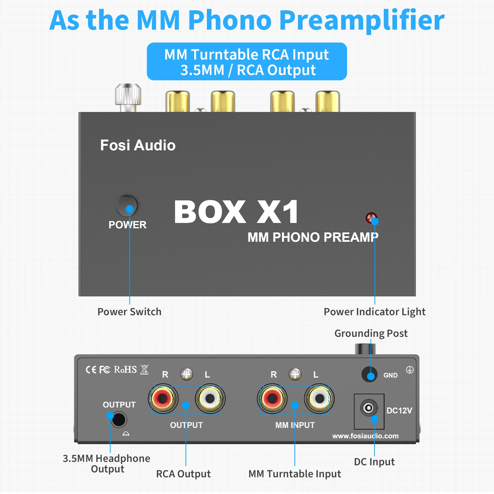 Аудиобокс Fosi X1 Phono Предусилитель для Проигрывателя, Фонографический Предусилитель, Мини Стерео Аудио HiFi С Усилителем для наушников - 3