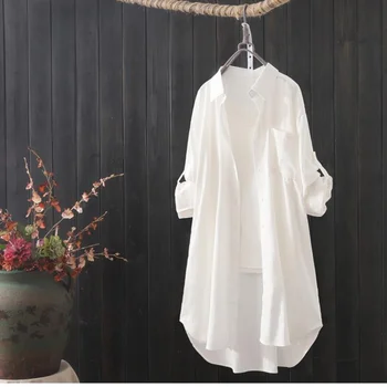 Белая рубашка Женская 2023 Весна-лето, Корейские модные Простые однотонные Длинные рубашки, Женская Свободная дышащая рубашка миди и блузка