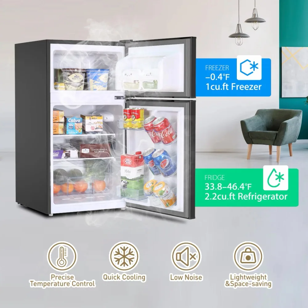 Бесшумный Мини-холодильник с морозильной камерой, Механическим термостатом на 7 настроек, Небольшой Холодильник для спальни, Офиса, Общежития или гаража, Черный - 1