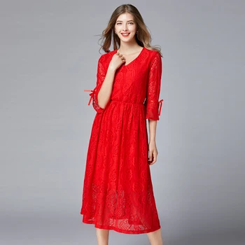 брендовое красное кружевное платье, весенне-осенняя новая красная юбка с V-образным вырезом, платье для возвращения, универсальная повседневная юбка с эластичной талией