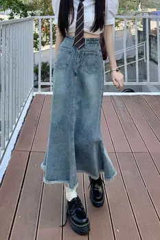 Винтажная синяя джинсовая юбка, женская летняя длинная юбка для поездок на работу, новая корейская версия, высокая талия, свободный крой средней длины, необработанный край