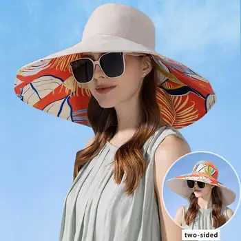 Женская солнцезащитная шляпа с широкими полями, роскошная двусторонняя хлопковая панама с растительной печатью, дышащие летние пляжные шляпы Для женщин