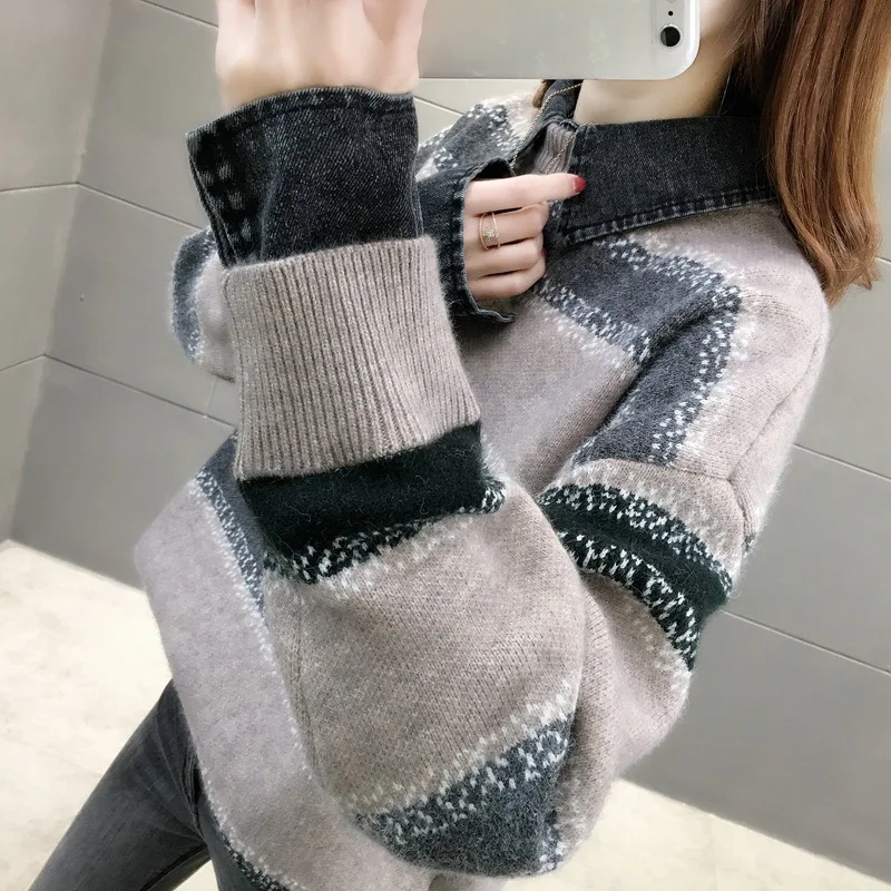 Женский джинсовый пуловер в полоску с воротником в стиле пэчворк, подходящий по цвету Съемный искусственный вязаный свитер из двух частей, топы осень-зима 2023 - 3