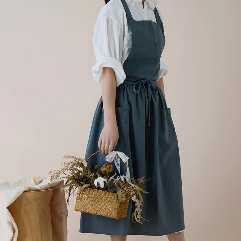 Женский хлопковый Льняной фартук с перекрестной спинкой, Японская Домашняя одежда, Платье с цветочным рисунком, Кухонные фартуки для приготовления пищи - 0