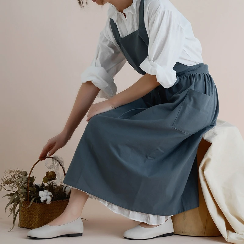 Женский хлопковый Льняной фартук с перекрестной спинкой, Японская Домашняя одежда, Платье с цветочным рисунком, Кухонные фартуки для приготовления пищи - 1