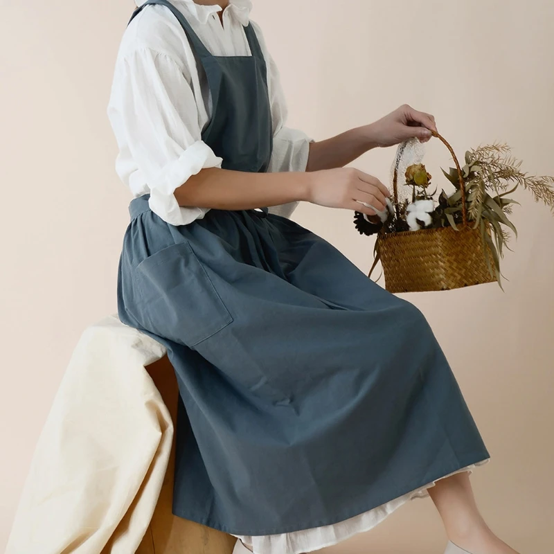 Женский хлопковый Льняной фартук с перекрестной спинкой, Японская Домашняя одежда, Платье с цветочным рисунком, Кухонные фартуки для приготовления пищи - 2