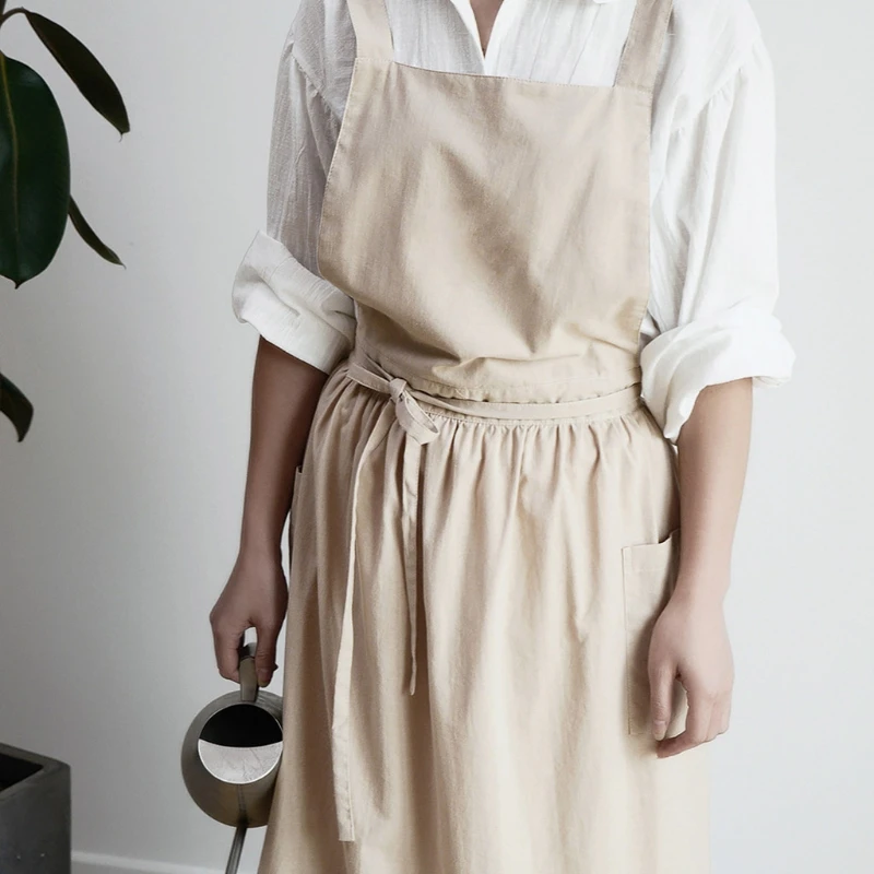 Женский хлопковый Льняной фартук с перекрестной спинкой, Японская Домашняя одежда, Платье с цветочным рисунком, Кухонные фартуки для приготовления пищи - 3