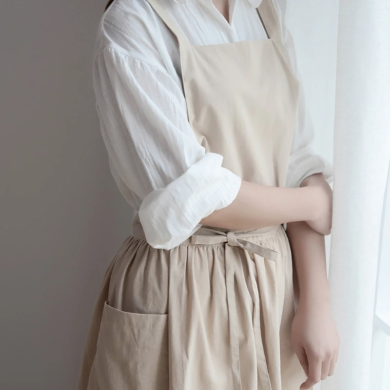 Женский хлопковый Льняной фартук с перекрестной спинкой, Японская Домашняя одежда, Платье с цветочным рисунком, Кухонные фартуки для приготовления пищи - 4