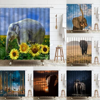 Забавный слон Занавеска для душа Милое животное Подсолнечное поле Ванна Желтый Цветочный Декор Занавески для ванной комнаты Из водонепроницаемой ткани Экран