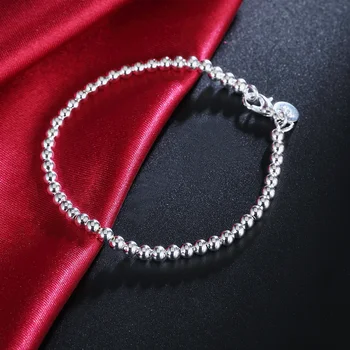 Классические браслеты-цепочки из стерлингового серебра 925 пробы с круглыми бусинками 4 мм для женщин, свадебный подарок на Рождество, модные украшения