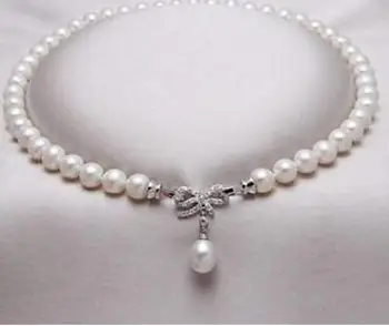 Модные ювелирные изделия 8-9 мм, ожерелье из натурального белого жемчуга Южного моря, 18 дюймов, серебряная застежка, подвеска 10 ~ 12 мм