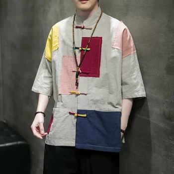 Мужская нашивка в традиционном китайском стиле, Льняная рубашка для нищих, Хлопковое льняное пальто с короткими рукавами, костюм Непрофессионала Тан, Костюм Дзен