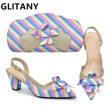 Новый модный Нигерийский комплект итальянской обуви и сумок в тон, украшенный Радужной бабочкой, Женская обувь и сумочка Радужного цвета