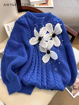 Осенне-зимний Новый Свободный пуловер с круглым вырезом в стиле тяжелой промышленности, Западный свитер с 3D цветочными бусинами и стразами для женщин
