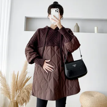 Осенне-зимняя одежда, Новая одежда для беременных Женщин, Тонкий хлопковый свитер средней длины, пальто в стиле пэчворк с капюшоном, Маленькая хлопковая куртка