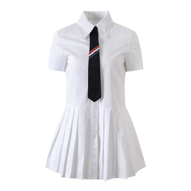 Платье-рубашка с искусственным галстуком в стиле колледжа, Женская летняя плиссированная юбка, Повседневная юбка-трапеция с короткими рукавами - 4