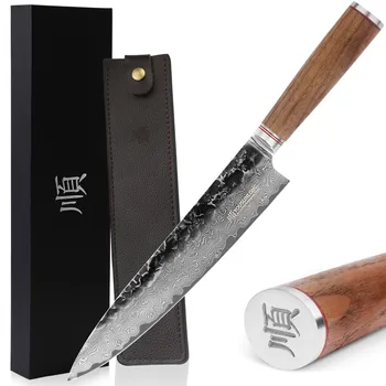 Поварской нож YOUSUNLONG Дамасский нож 10 дюймов Pro Gyuto из японской кованой дамасской стали с деревянной ручкой из натурального ореха с кожзаменителем