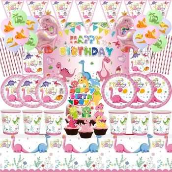 Розовый Динозавр, Украшение вечеринки, Воздушные шары, Розовый Динозавр, Бумажная посуда, Фон для тарелок, Детский душ, Принадлежности для Вечеринки в честь Дня рождения Для девочек