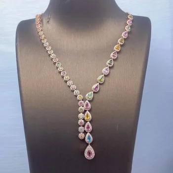 Роскошные Красочные ожерелья-чокеры с Турмалином и Цирконием Для женщин, Геометрическое длинное ожерелье Y-образной формы, вечернее платье, свадебные украшения