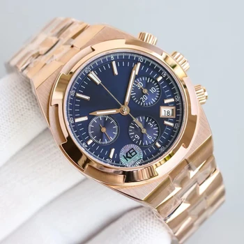 Роскошные Мужские часы Rosegold Classic Blue Face Зарубежные Наручные часы с Клонированным Швейцарским механизмом Chronagraph Высшего Качества AAA