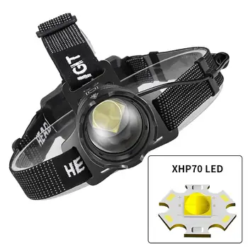 Светодиодный налобный фонарь Xhp70 с сильным освещением Type-c, USB Перезаряжаемый налобный фонарь, зум-фара для рыбалки на открытом воздухе, кемпинга
