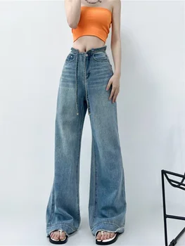 Синие джинсы для женщин 2023, Модные Винтажные Джинсы с поясом и высокой талией, Шикарная Уличная одежда, Широкие джинсы, Брюки полной длины