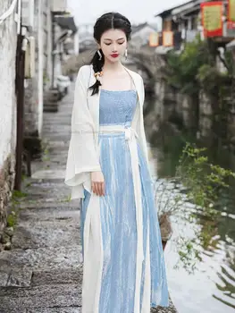 Улучшенный женский повседневный комплект из трех предметов Hanfu, Старинное платье, Восточный танцевальный костюм Феи, Повседневное Повседневное платье в стиле кимоно Hanfu