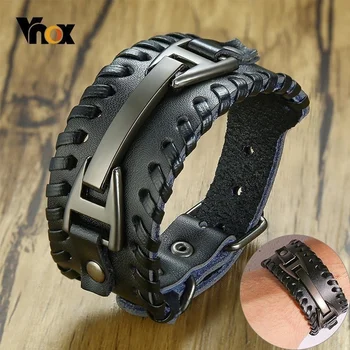 Широкий кожаный браслет Vnox для мужчин, стильный браслет из натуральной кожи с металлическими браслетами-шармами, панк-мужской браслет Pulseira